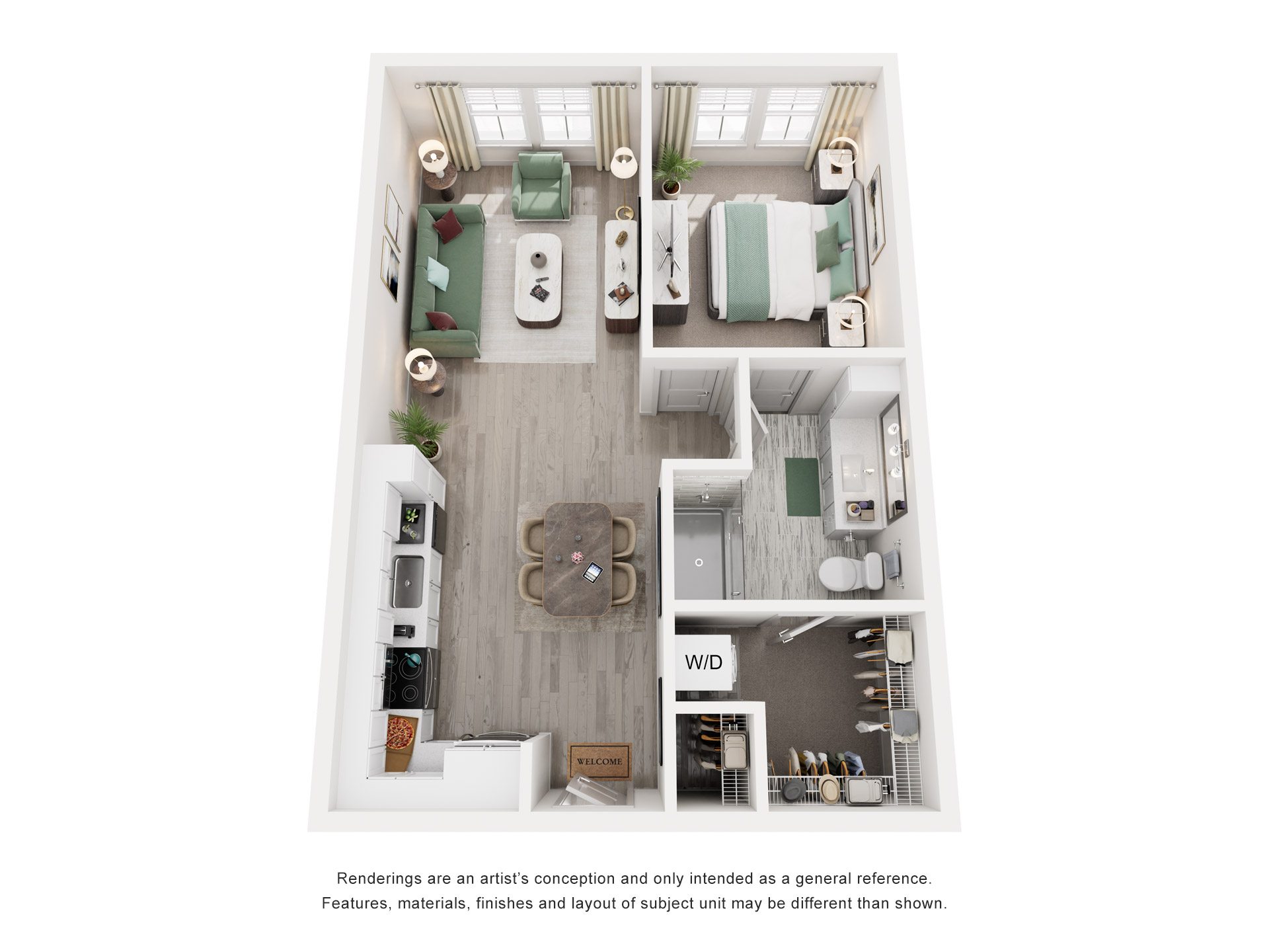 Floor plan for 1 bed, 1 bath, 710 sqft